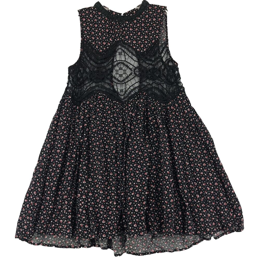 Jodifl Dress Womens Sz M Black Floral Print Lace Cutout Waistline RN 119146 Boho